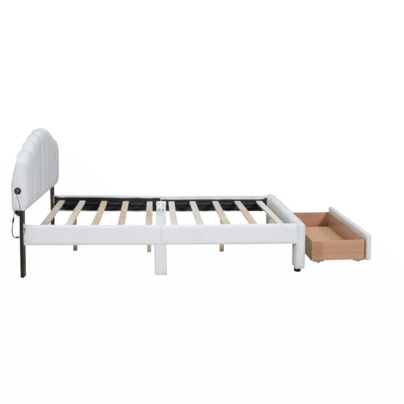 Lit plateforme capitonné Queen Size en polaire Teddy avec tiroir