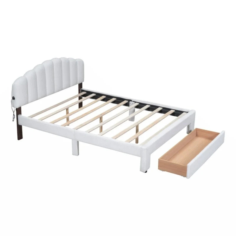 Lit plateforme capitonné Queen Size en polaire Teddy avec tiroir