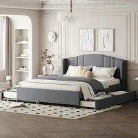 Lit plateforme capitonné en lin Queen Size avec lit gigogne double et 2 tiroirs