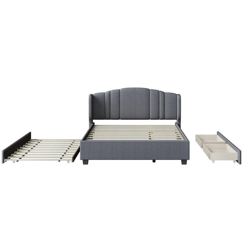 Lit plateforme capitonné en lin Queen Size avec lit gigogne double et 2 tiroirs