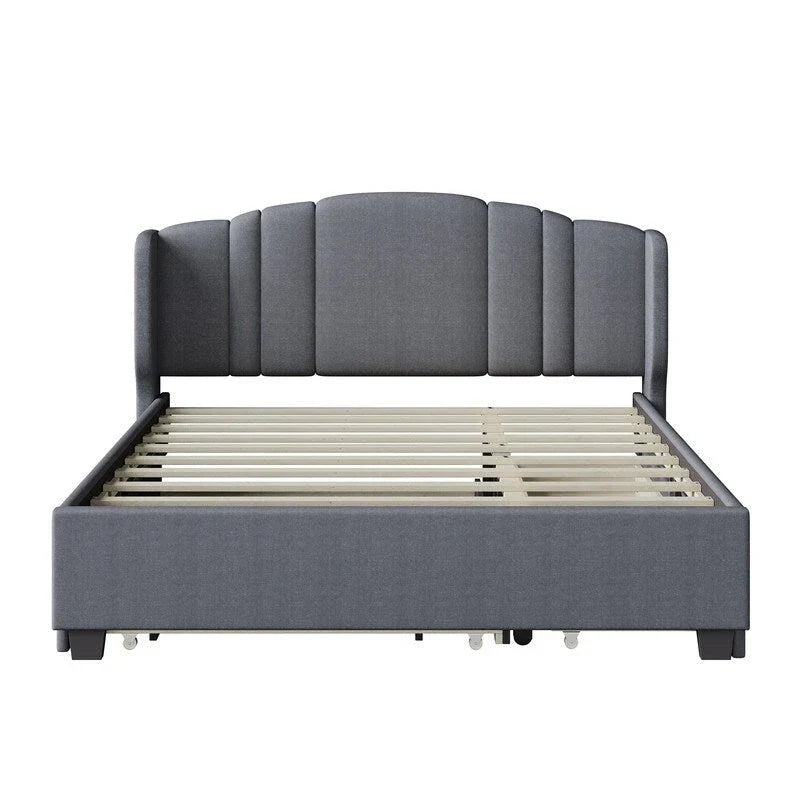 Lit plateforme capitonné en lin Queen Size avec lit gigogne double et 2 tiroirs