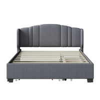 Lit plateforme capitonné en lin Queen Size avec lit gigogne double et 2 tiroirs