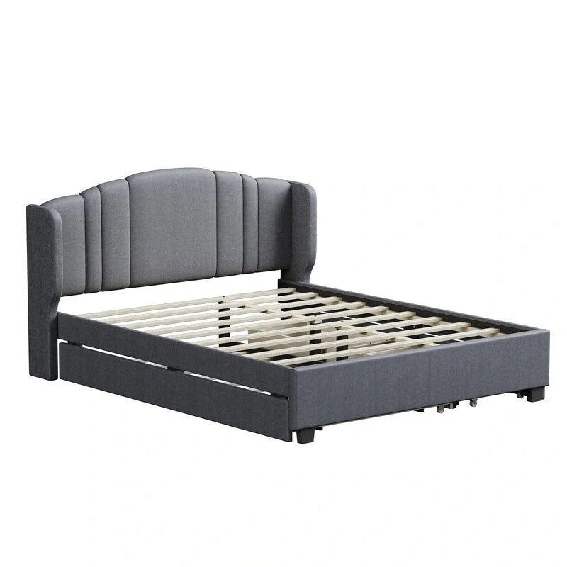 Lit plateforme capitonné en lin Queen Size avec lit gigogne double et 2 tiroirs