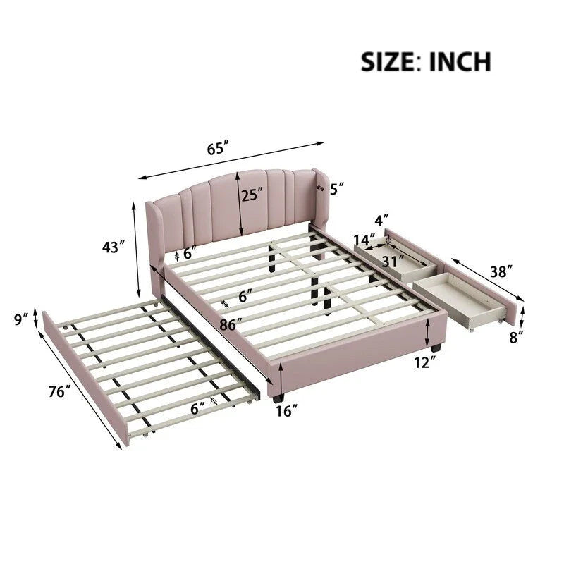 Lit plateforme capitonné en lin Queen Size avec lit gigogne double et 2 tiroirs