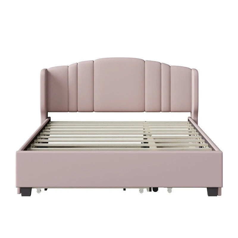 Lit plateforme capitonné en lin Queen Size avec lit gigogne double et 2 tiroirs