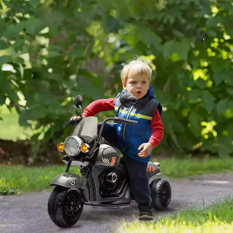 Moto électrique Qaba pour enfants, moto à 3 roues 6V sur batterie avec phares, musique, marche avant et arrière, gris