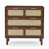 Commode Grondin style bohème mid-century, 3 tiroirs en rotin, structure en MDF et pieds en bois massif
