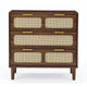 Commode Grondin style bohème mid-century, 3 tiroirs en rotin, structure en MDF et pieds en bois massif