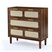 Commode Grondin style bohème mid-century, 3 tiroirs en rotin, structure en MDF et pieds en bois massif