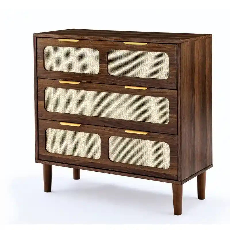 Commode Grondin style bohème mid-century, 3 tiroirs en rotin, structure en MDF et pieds en bois massif