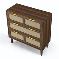 Commode Grondin style bohème mid-century, 3 tiroirs en rotin, structure en MDF et pieds en bois massif