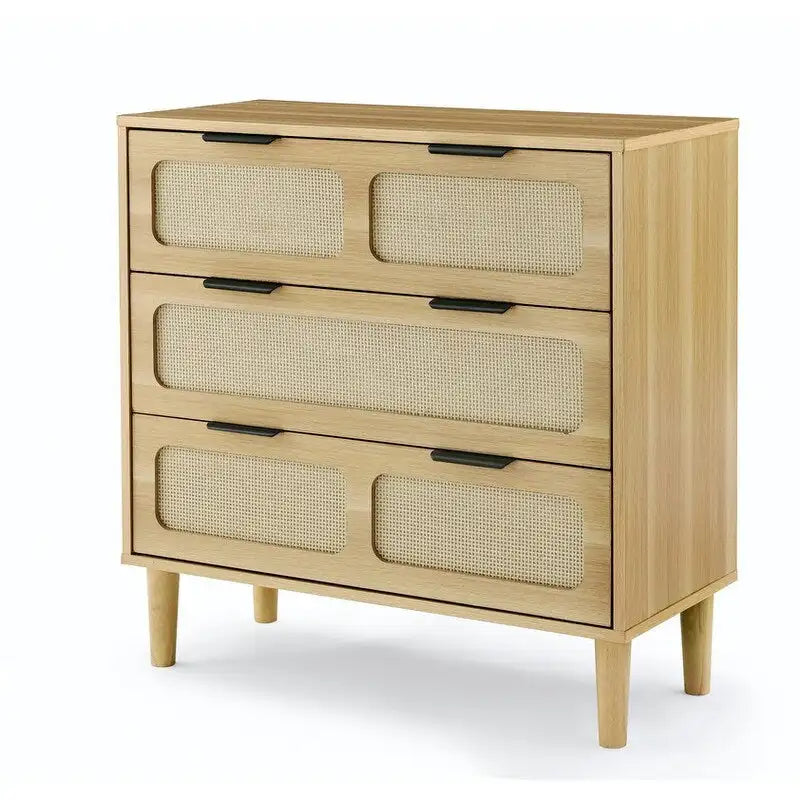 Commode Grondin style bohème mid-century, 3 tiroirs en rotin, structure en MDF et pieds en bois massif
