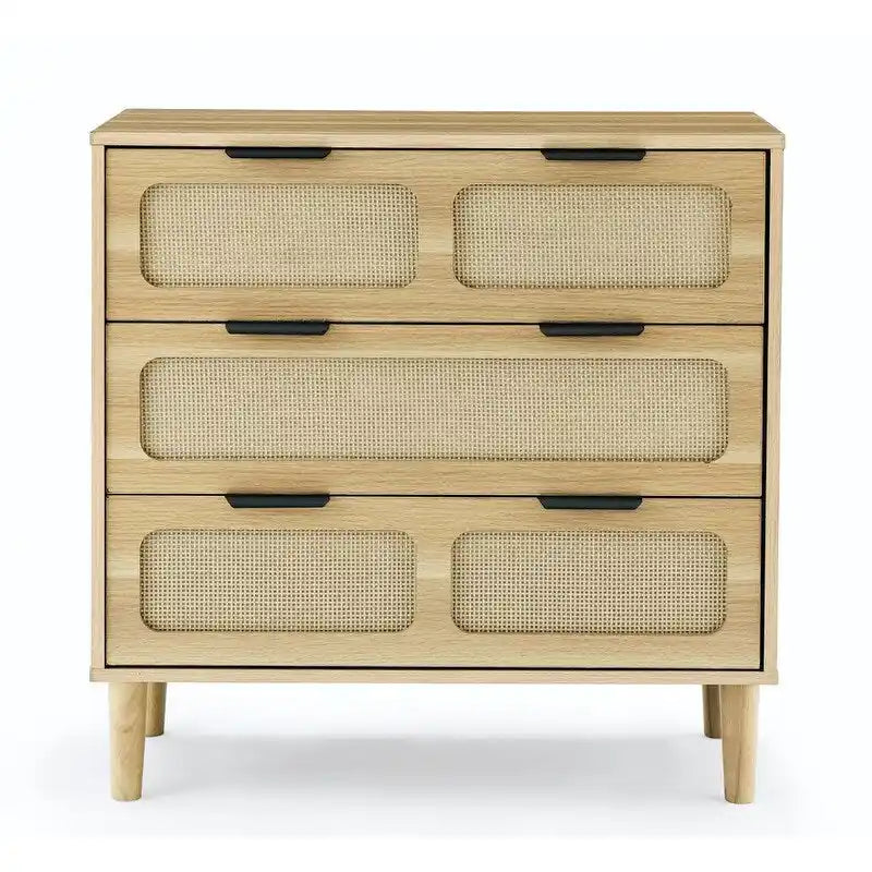 Commode Grondin style bohème mid-century, 3 tiroirs en rotin, structure en MDF et pieds en bois massif