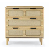 Commode Grondin style bohème mid-century, 3 tiroirs en rotin, structure en MDF et pieds en bois massif