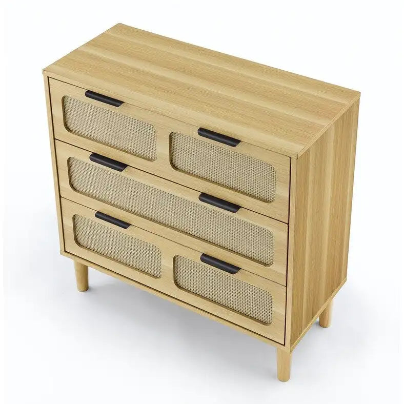 Commode Grondin style bohème mid-century, 3 tiroirs en rotin, structure en MDF et pieds en bois massif