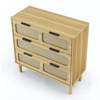 Commode Grondin style bohème mid-century, 3 tiroirs en rotin, structure en MDF et pieds en bois massif