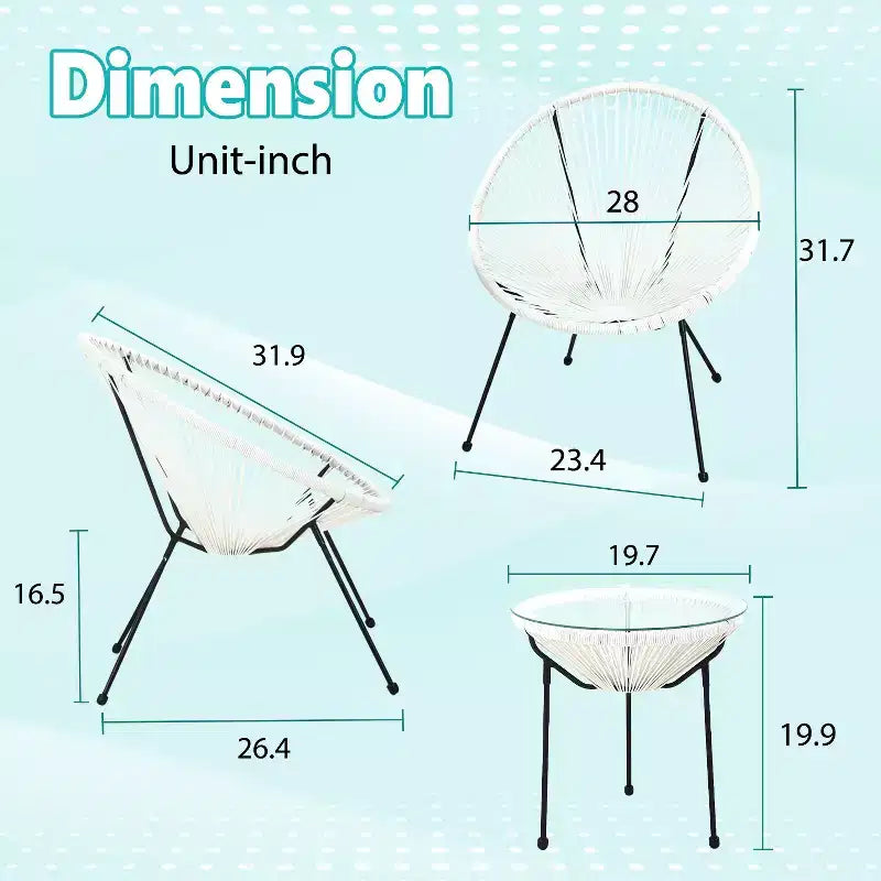 FDW Ensemble de Bistro 3 Pièces pour Patio, Chaises Acapulco, Élégant et Confortable avec Table en Verre, Mobilier d'Extérieur pour Patio Balcon, Blanc