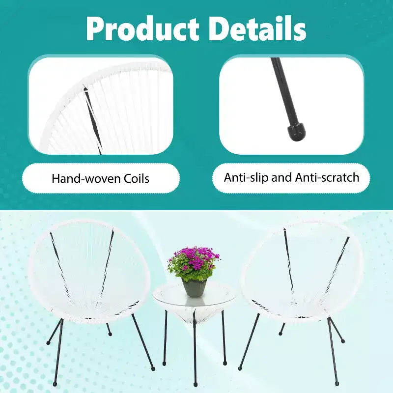 FDW Ensemble de Bistro 3 Pièces pour Patio, Chaises Acapulco, Élégant et Confortable avec Table en Verre, Mobilier d'Extérieur pour Patio Balcon, Blanc