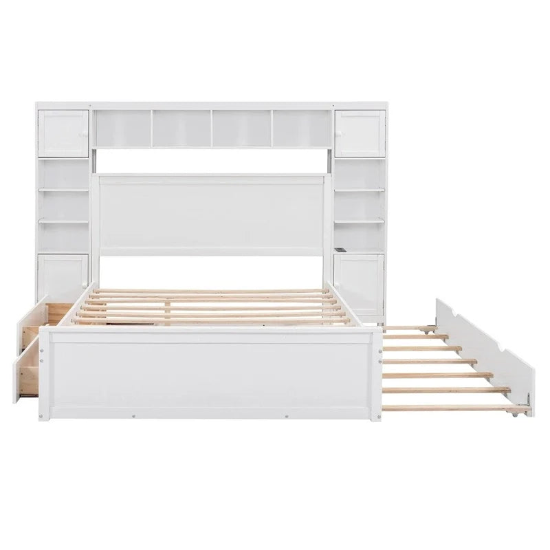 Lit Queen Size en Bois avec Rangement Tout-en-un, Étagère et Prises