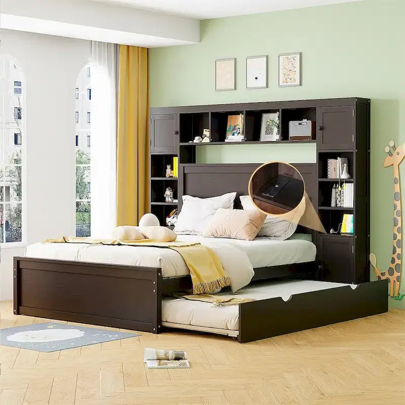 Lit Queen Size en Bois avec Rangement Tout-en-un, Étagère et Prises