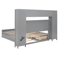 Lit Queen Size en Bois avec Rangement Tout-en-un, Étagère et Prises