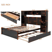 Lit Queen Size en Bois avec Rangement Tout-en-un, Étagère et Prises