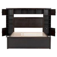 Lit Queen Size en Bois avec Rangement Tout-en-un, Étagère et Prises