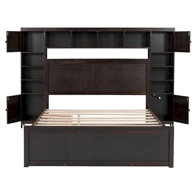 Lit Queen Size en Bois avec Rangement Tout-en-un, Étagère et Prises