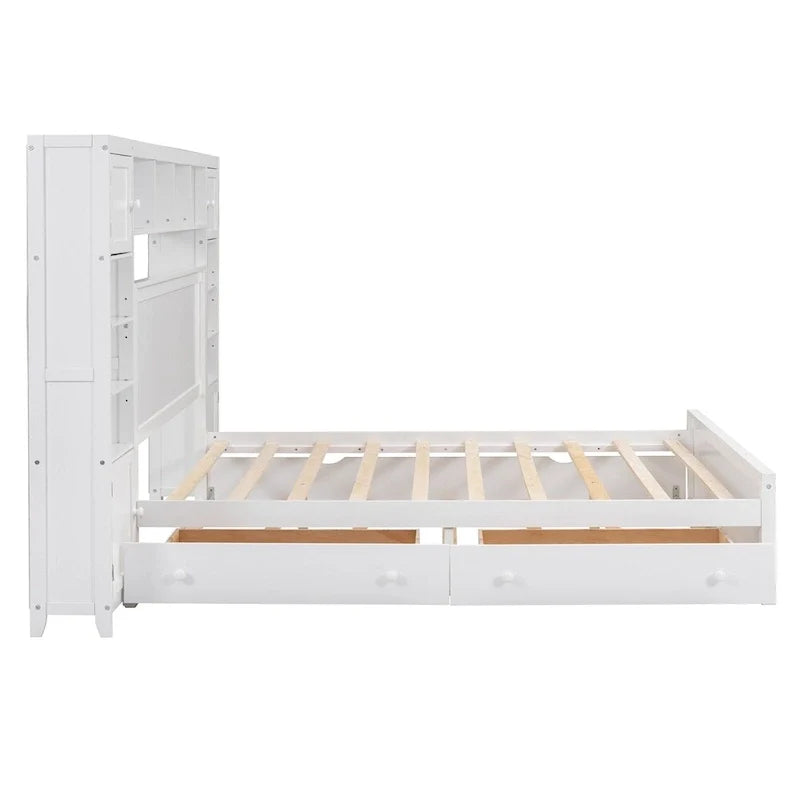 Lit Queen Size en Bois avec Rangement Tout-en-un, Étagère et Prises