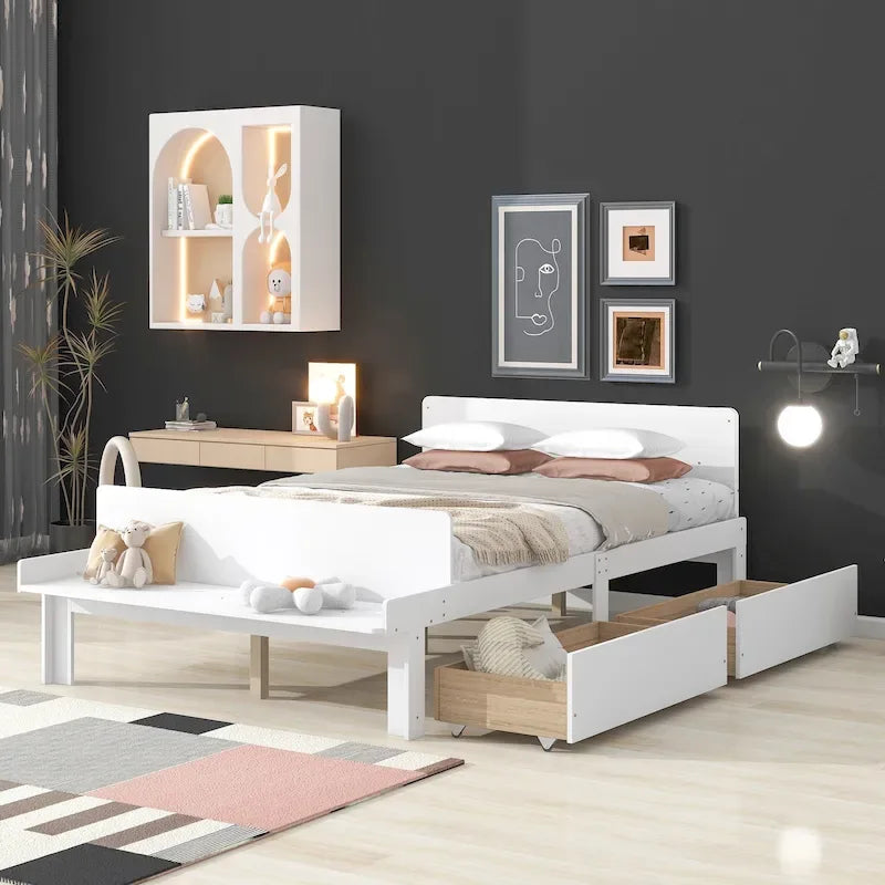 Lit double avec banc de pied de lit, 2 tiroirs