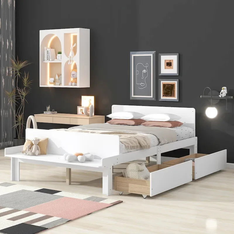 Lit double avec banc de pied de lit, 2 tiroirs