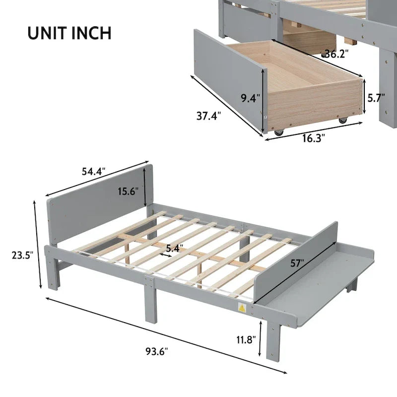 Lit double avec banc de pied de lit, 2 tiroirs