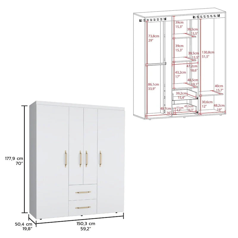 Armoire Bariloche avec tringles de suspension, étagères, 2 tiroirs