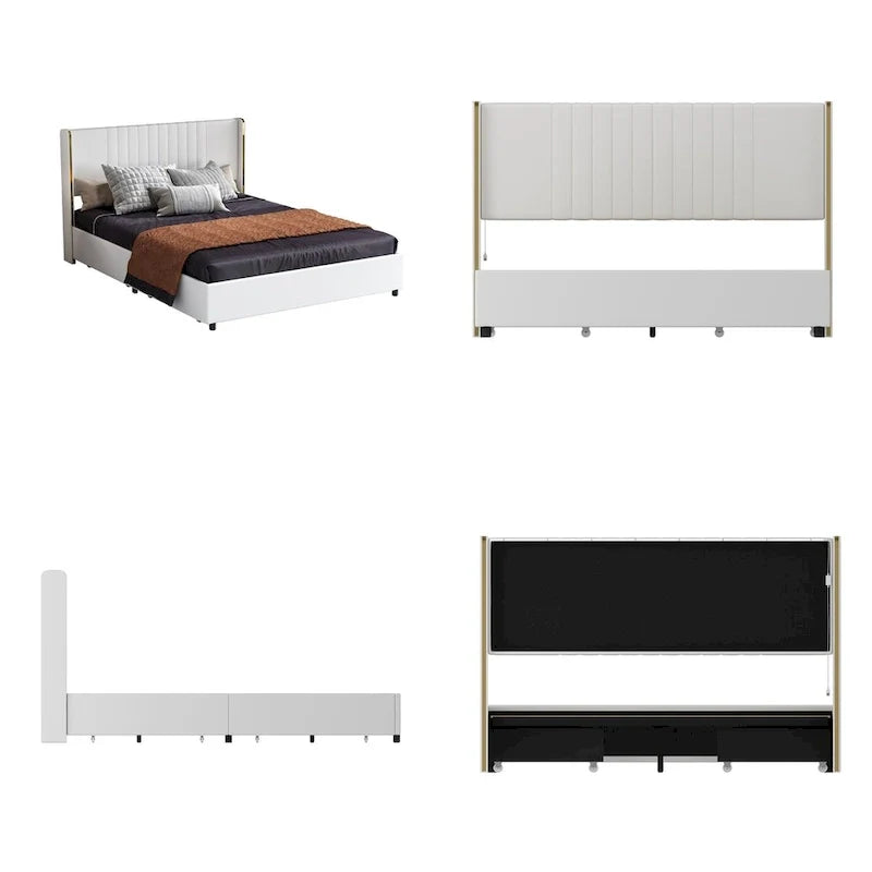 Cadre de lit moderne illuminé avec garniture dorée - Design rembourré et chic