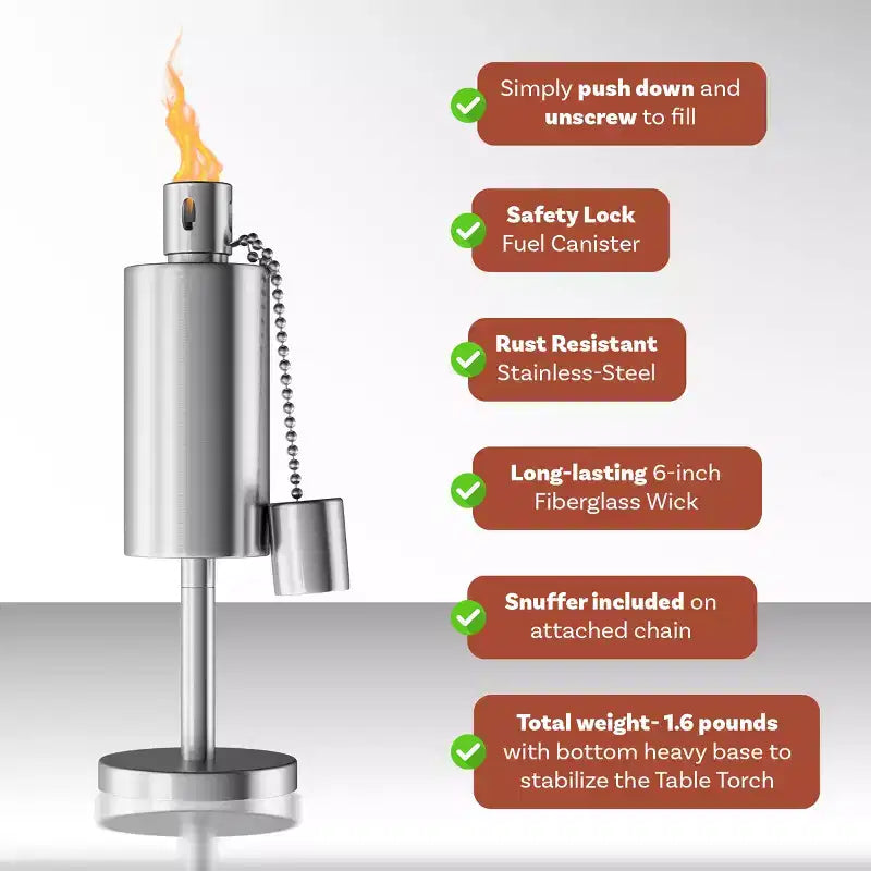 Lampe torche d'extérieur de table en acier inoxydable – Lampe à flamme avec réservoir de carburant pour citronnelle avec mèche en fibre de verre pour jardin, terrasse par Nature Spring