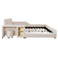 Lit capitonné au sol Mère et Enfant avec bureau de chevet et petit tabouret rond
