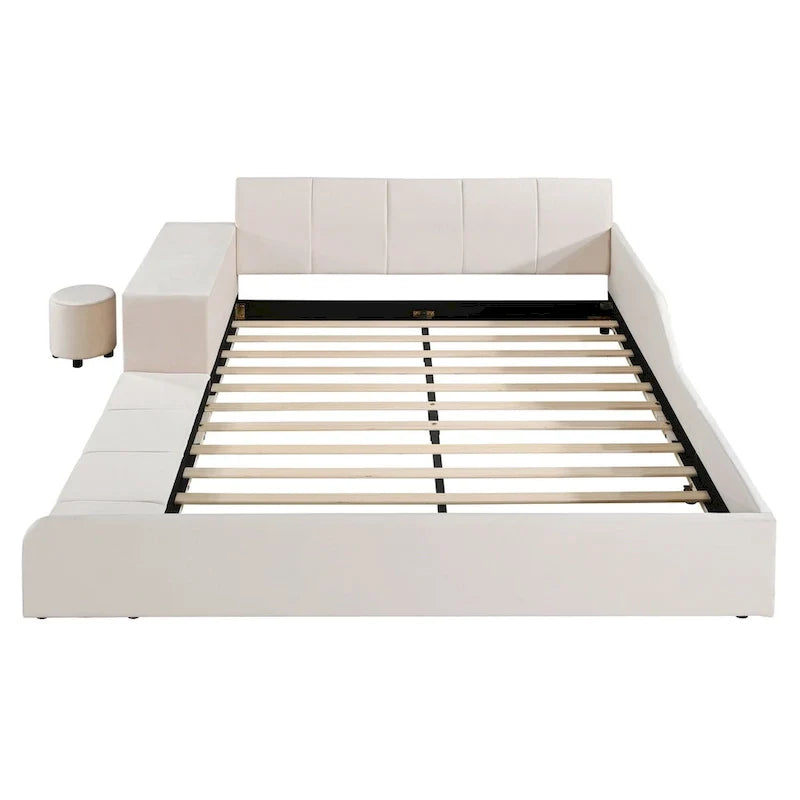 Lit capitonné au sol Mère et Enfant avec bureau de chevet et petit tabouret rond