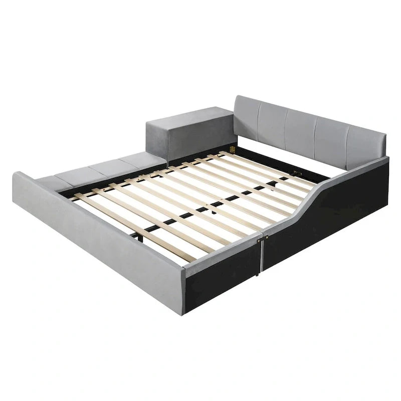 Lit capitonné au sol Mère et Enfant avec bureau de chevet et petit tabouret rond