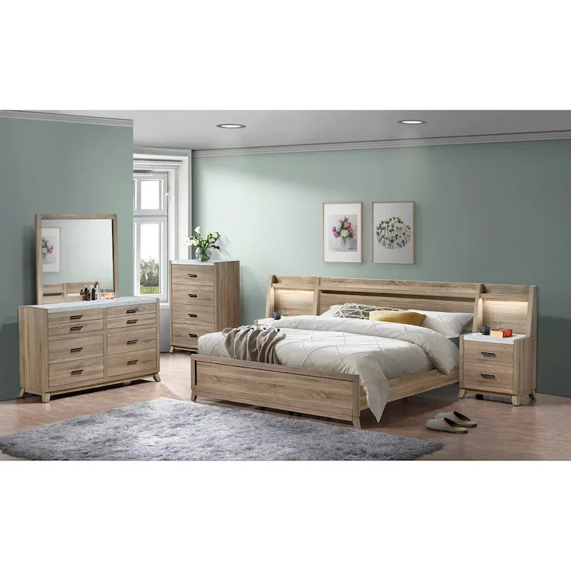 Ensemble de chambre à coucher 4 pièces avec panneaux marron clair Daemon