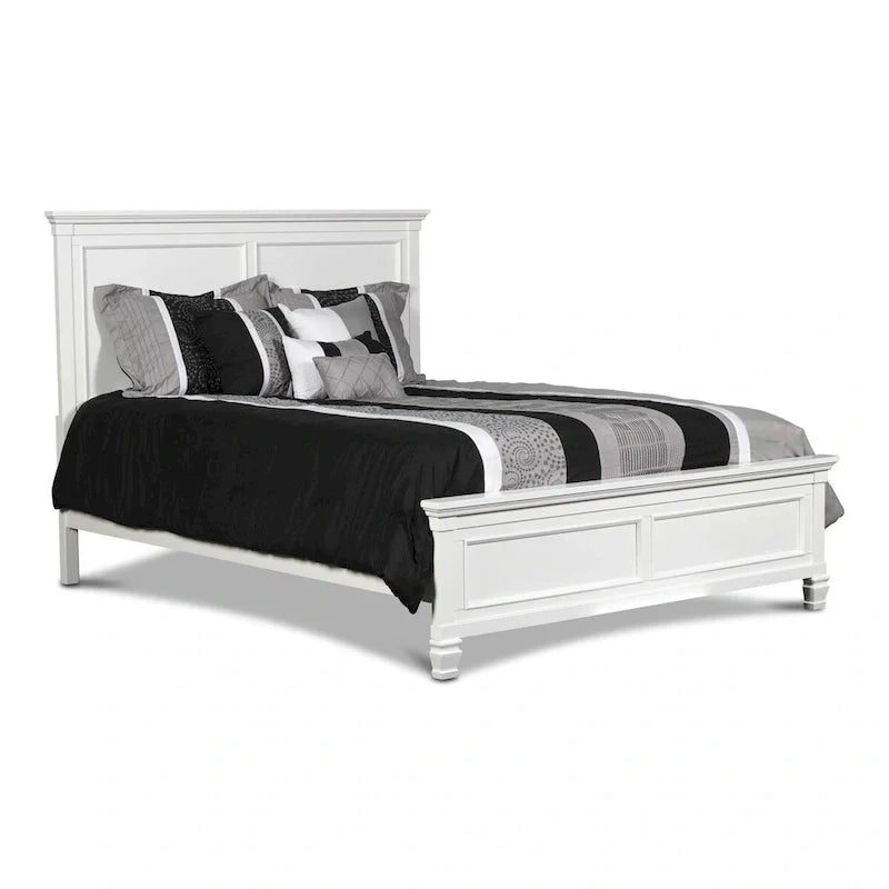 Lit double Umi, design classique à panneaux avec détails moulés, bois blanc
