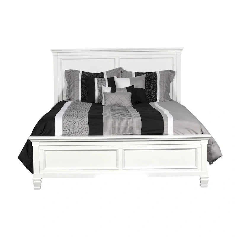 Lit double Umi, design classique à panneaux avec détails moulés, bois blanc