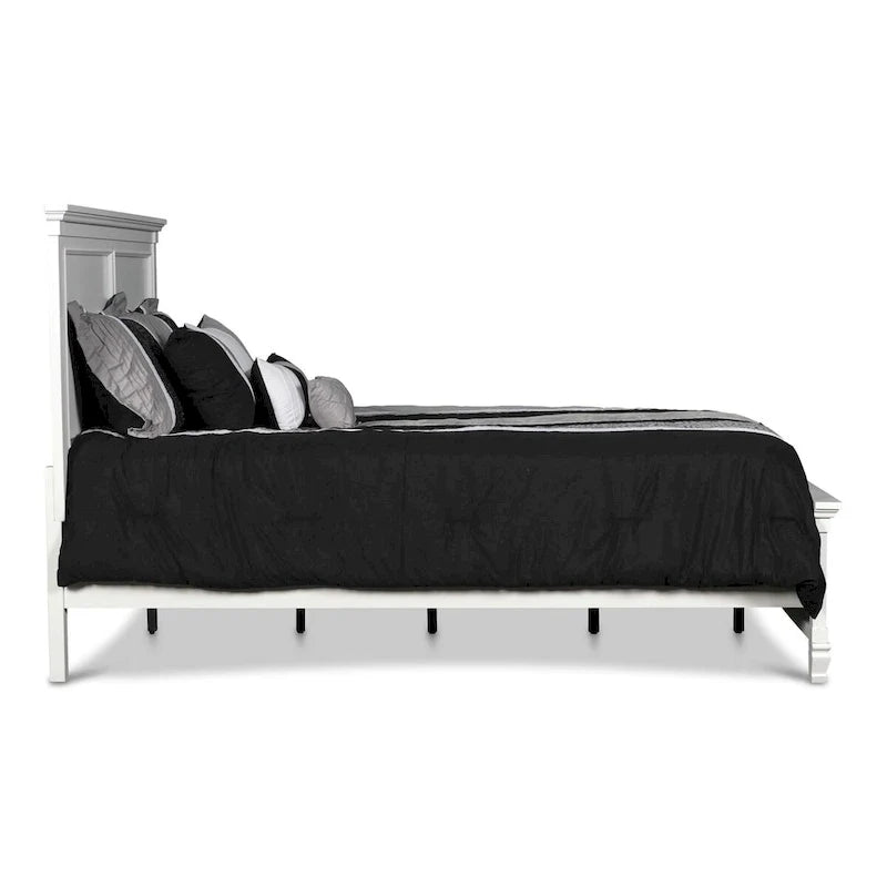 Lit double Umi, design classique à panneaux avec détails moulés, bois blanc