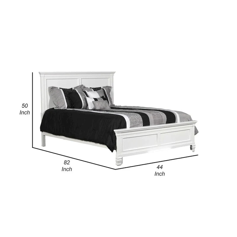 Lit double Umi, design classique à panneaux avec détails moulés, bois blanc
