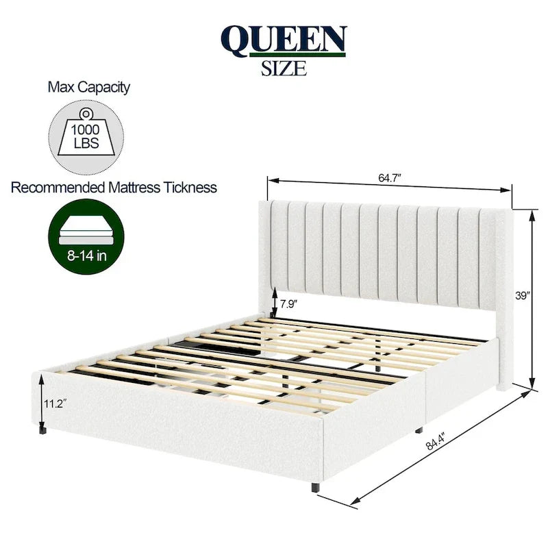 Lit plateforme capitonné en boucle avec tiroir, taille Queen Size