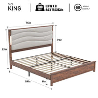 Cadre de lit King avec tête de lit rembourrée, station de recharge, lumières LED, lattes en bois, pas besoin de sommier tapissier, montage facile