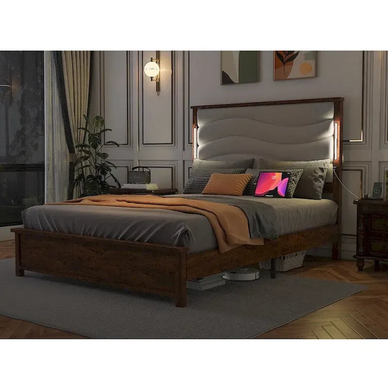 Cadre de lit King avec tête de lit rembourrée, station de recharge, lumières LED, lattes en bois, pas besoin de sommier tapissier, montage facile