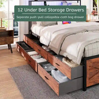 Cadre de lit avec tête de lit de rangement et 12 tiroirs et lumières LED