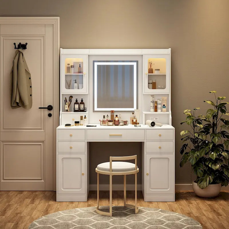 Coiffeuse de maquillage avec miroir, tiroirs et étagères