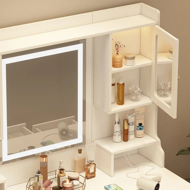 Coiffeuse de maquillage avec miroir, tiroirs et étagères