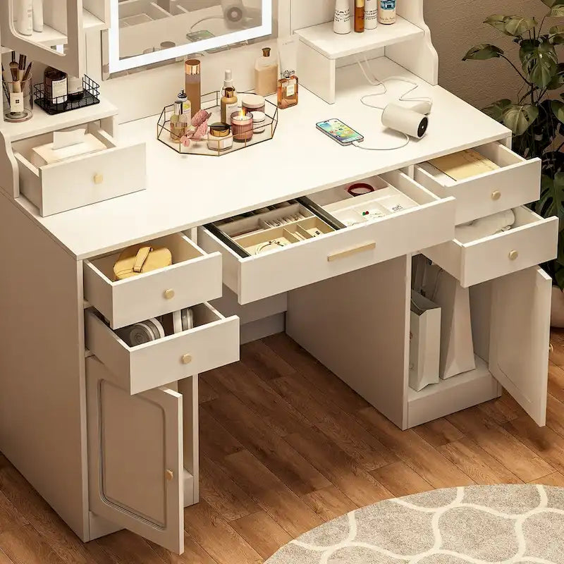 Coiffeuse de maquillage avec miroir, tiroirs et étagères